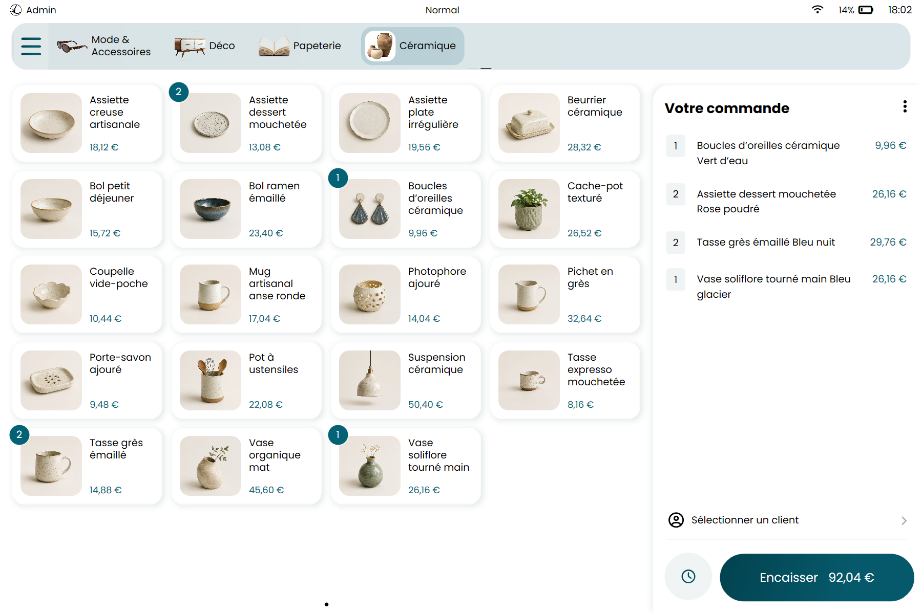 RetailPOS — écran de vente d'un atelier céramique avec panier et récapitulatif