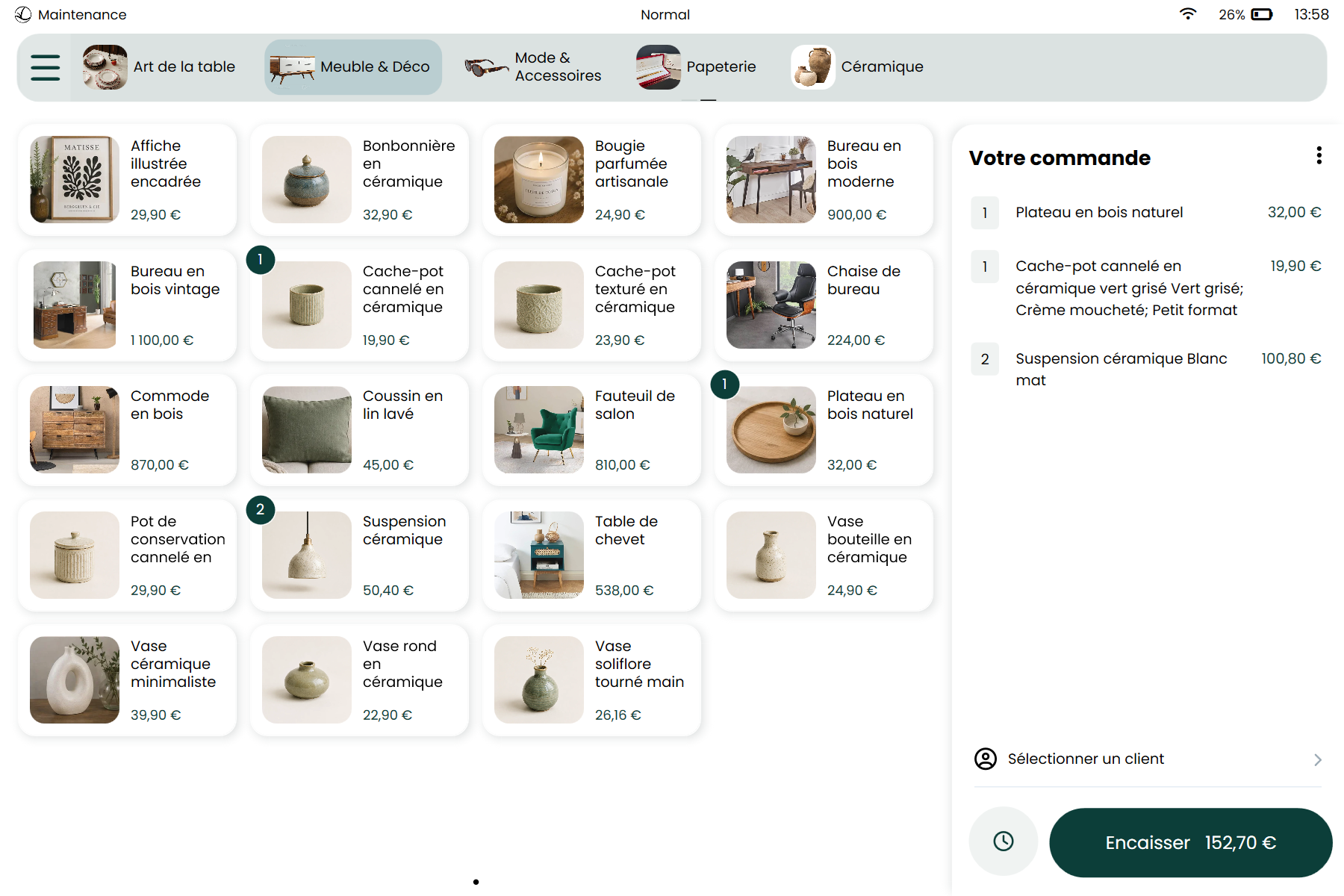 RetailPOS — écran de vente pour magasin de décoration avec panier client