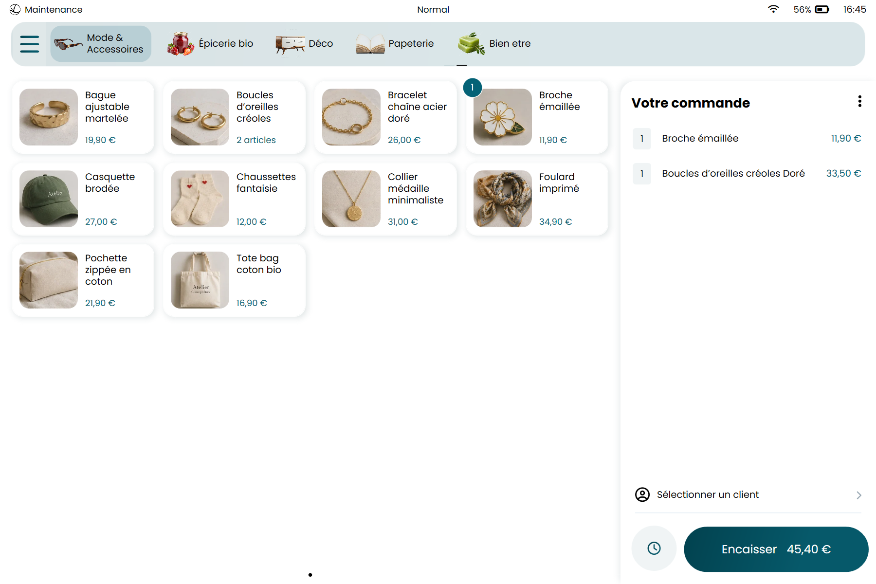 RetailPOS — écran de vente avec panier (boutique mode & accessoires)