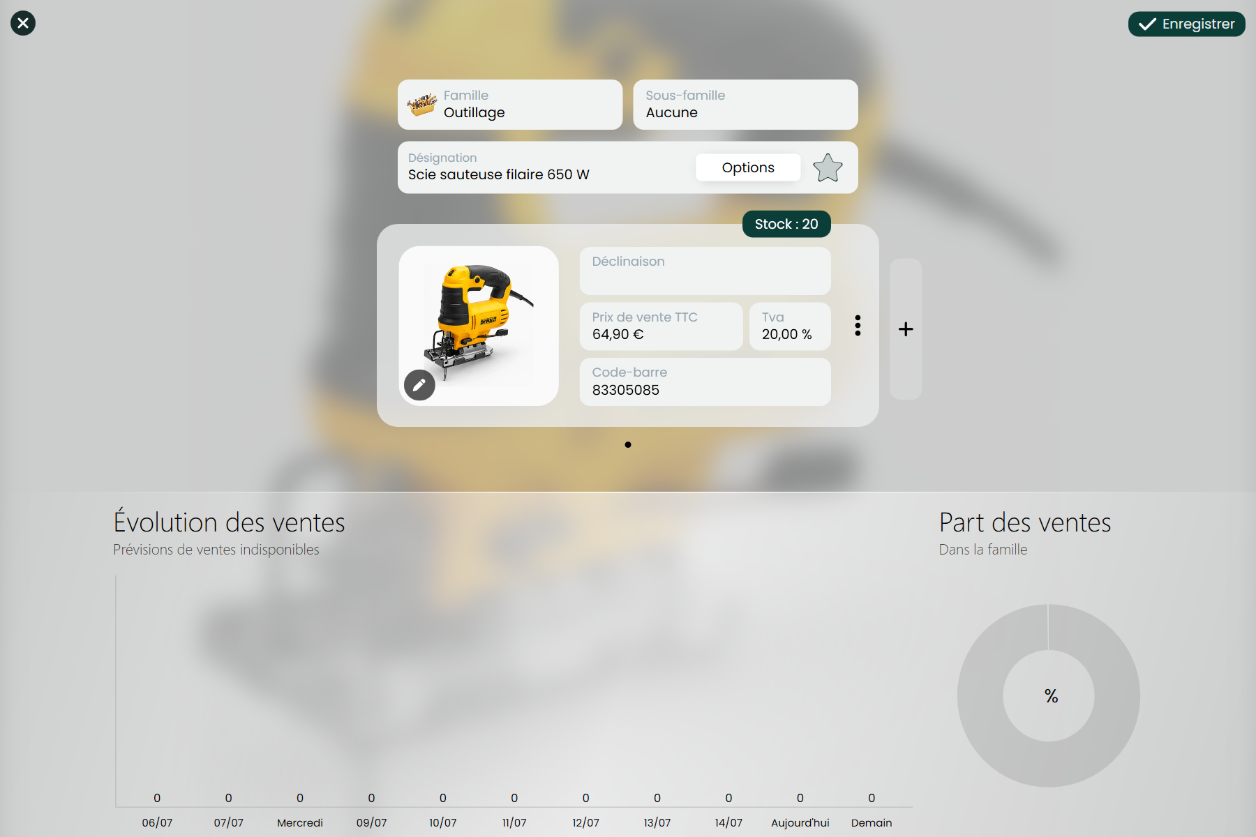 RetailPOS — fiche article avec stock, code-barres et statistiques de vente