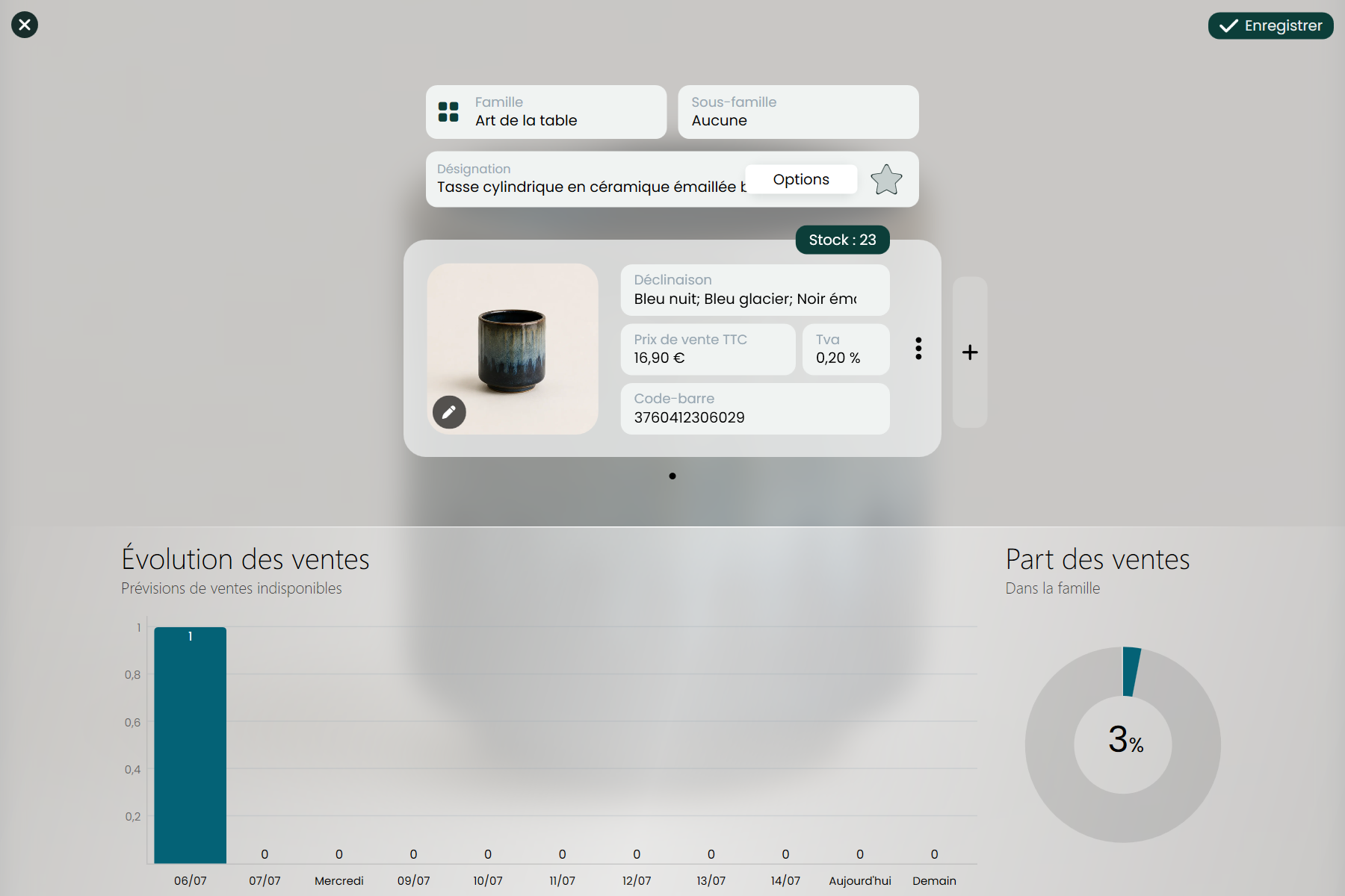 RetailPOS — fiche article avec stock, déclinaisons et statistiques de vente