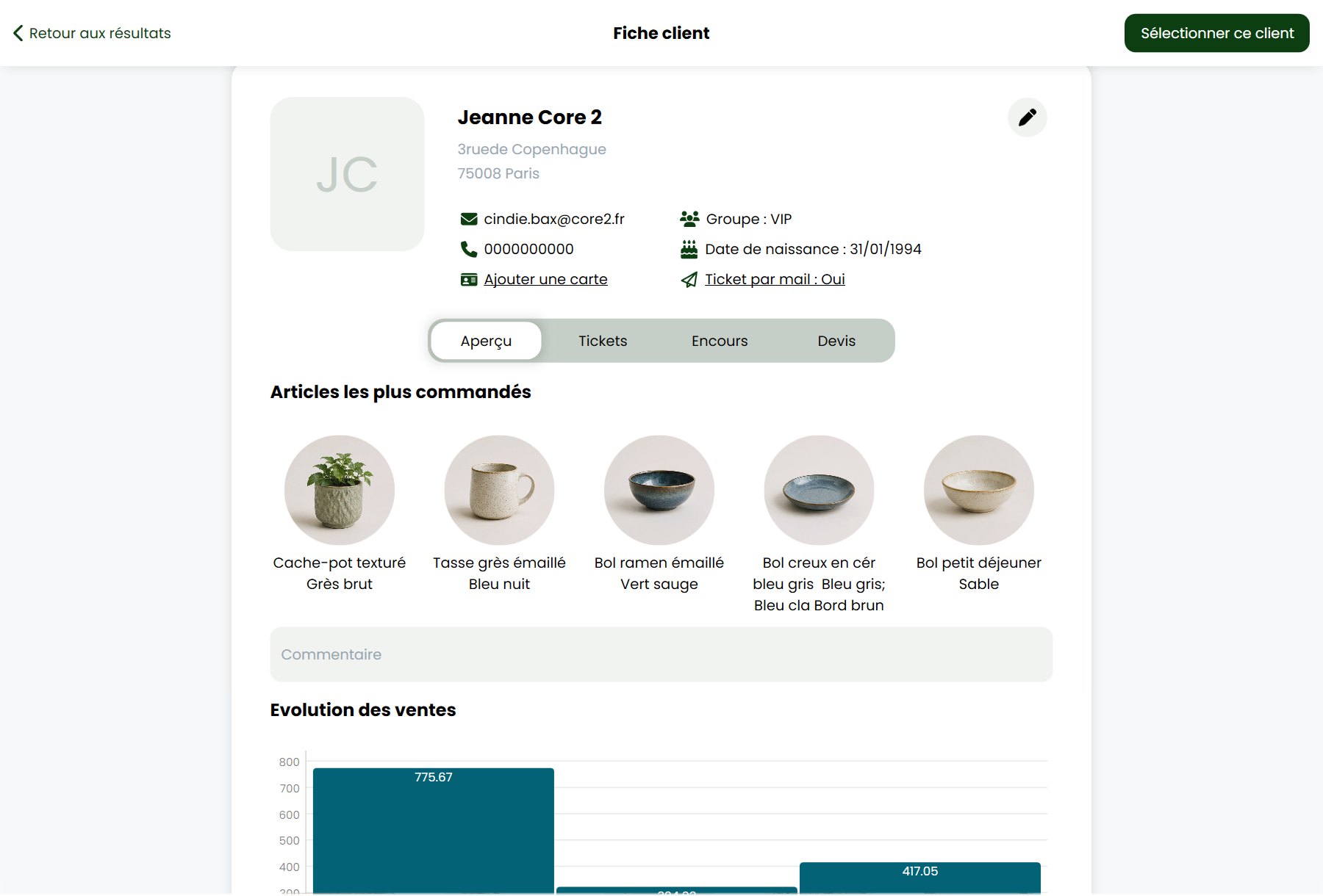 RetailPOS — fiche client avec historique et articles commandés