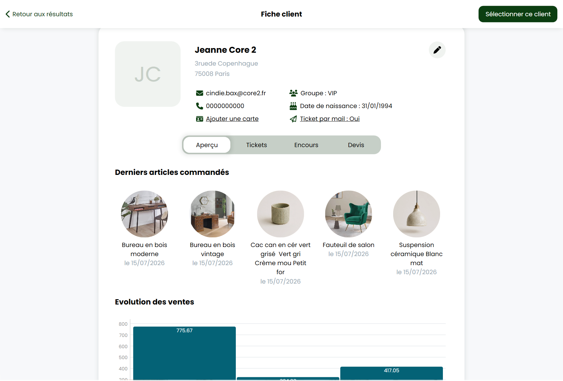 RetailPOS — fiche client avec derniers articles commandés et évolution des ventes