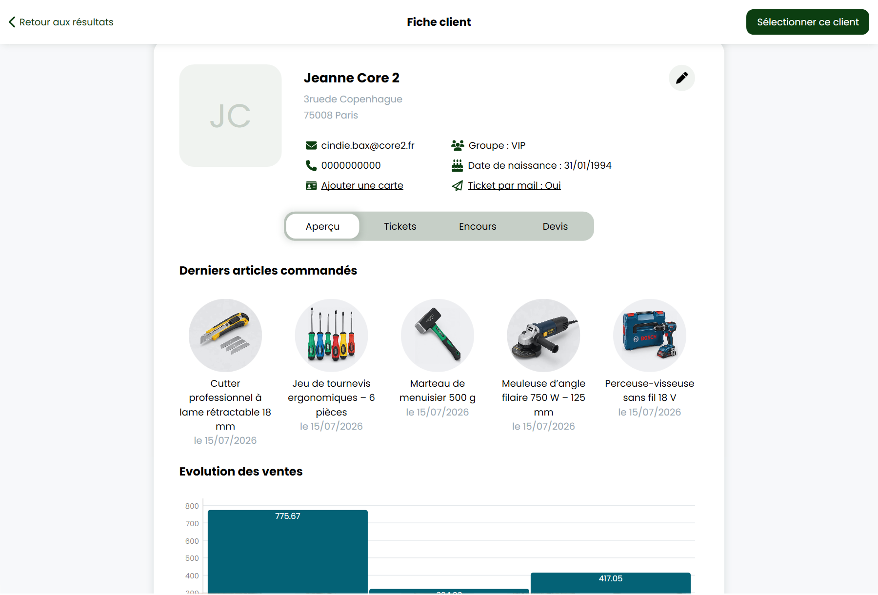 RetailPOS — fiche client avec derniers articles commandés et évolution des ventes