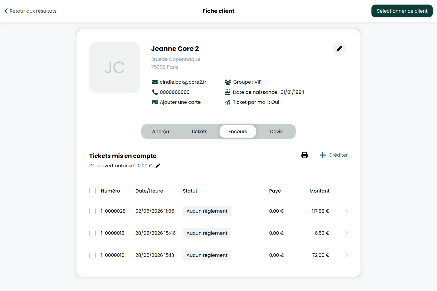 RetailPOS — fiche client avec tickets mis en compte et encours client