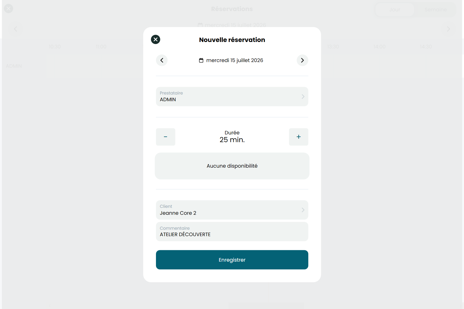 RetailPOS — création d'une réservation client avec durée et commentaire